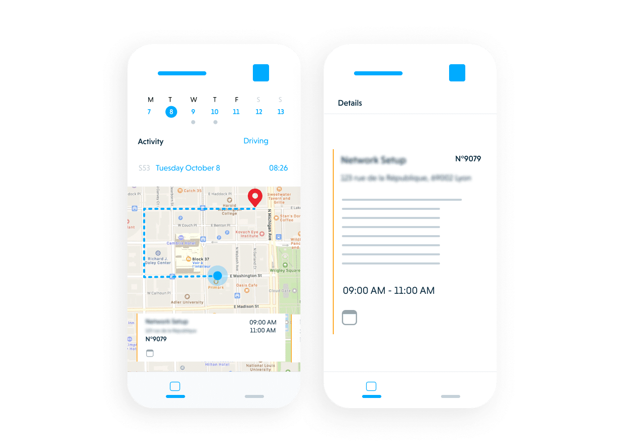 Praxedo FSM solution - Mobile app - map-based view.