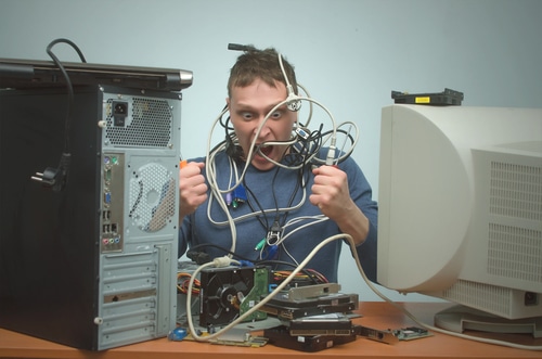 Computer repairman. IT Support. Computer technician engineer man. Support service concept. System administrator.