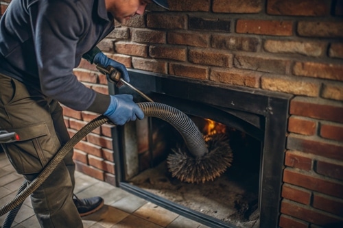 Chimney Cleaning Service Technician with Brush and Vacuum